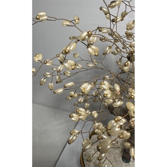 Ming Tree Wire Sculpture Bonsai Style Faux Pearl Bead Blossom Brass Pot 10" - Picture 2 of 6